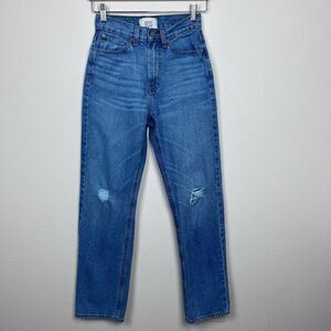 BDG Jeans Womens Twenty Five Cowboy High Rise Destroyed Straight Denim Blue